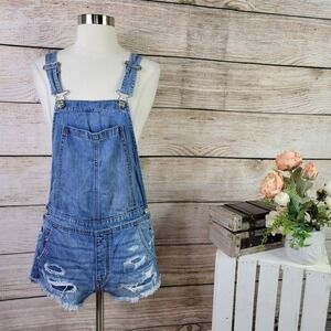 American Eagle Outfitters Distressed Denim Short Overalls - Blue